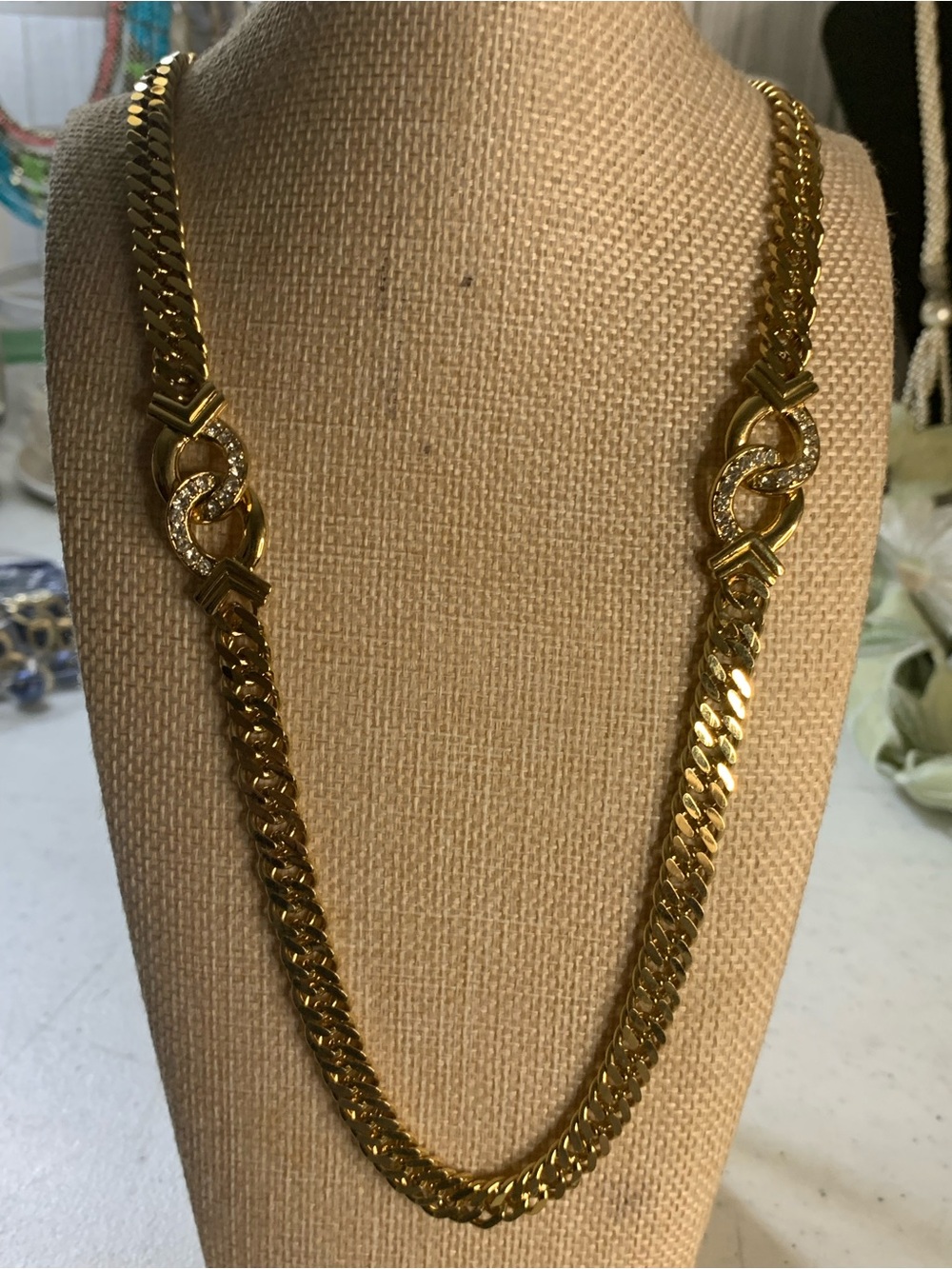 Monet Gold-Tone 32 inch Link Necklace with Pave Rhinestone Accents